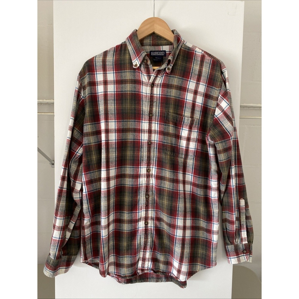 Lands' End Mens LS Heavy Cotton Flannel Shirt Sz.M/15-15.5/Red-white-gray-brown